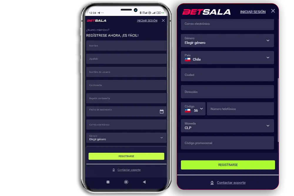 El registro en la app de Betsala